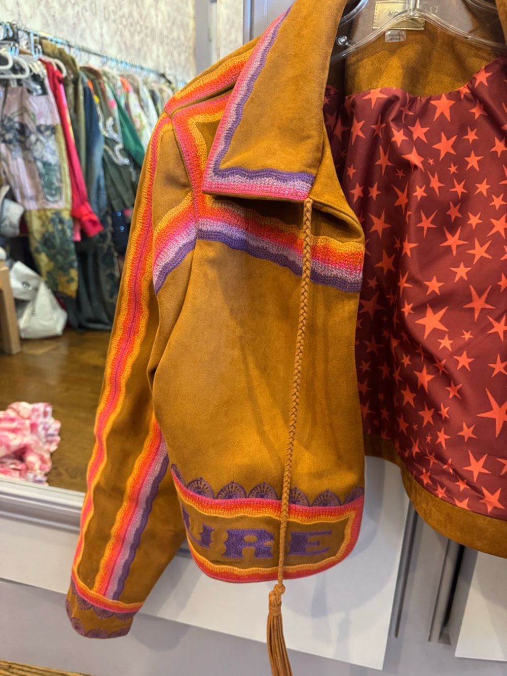 MOTHER Boho Suede Cropped Jacket in Caramel with Pink Trim - Picture 2 of 4